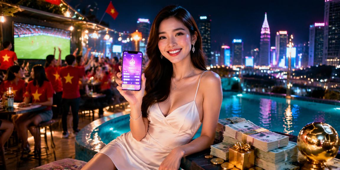 Đường phố Thành phố Hồ Chí Minh về đêm với biển hiệu neon – người dùng theo dõi cashback và bonus trên điện thoại